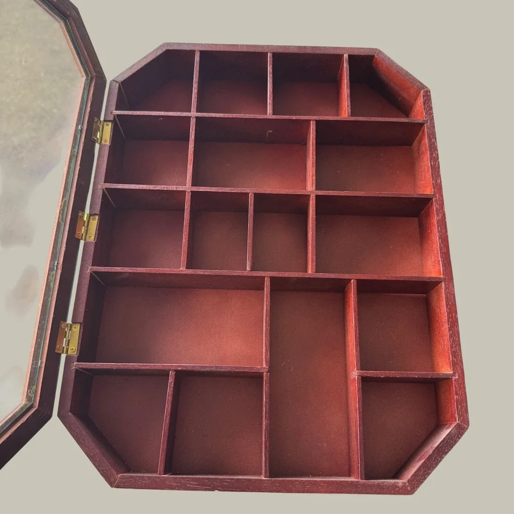 Vintage Wood Shadow Box Display Case Glass Front Trinkets Curio Wall Hanging
